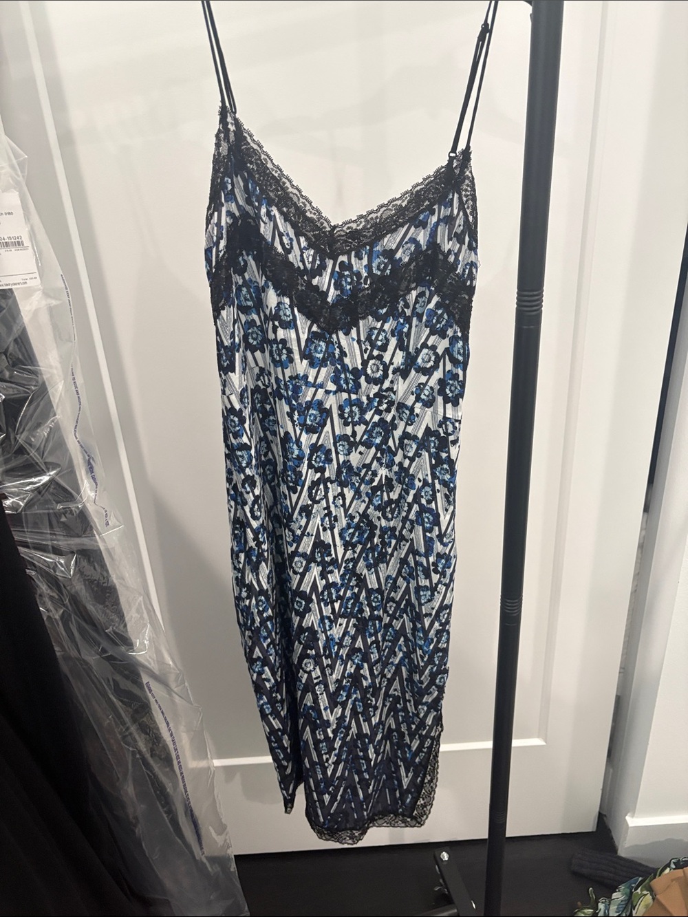 Blue & White Floral Lace Trim Slip Dress